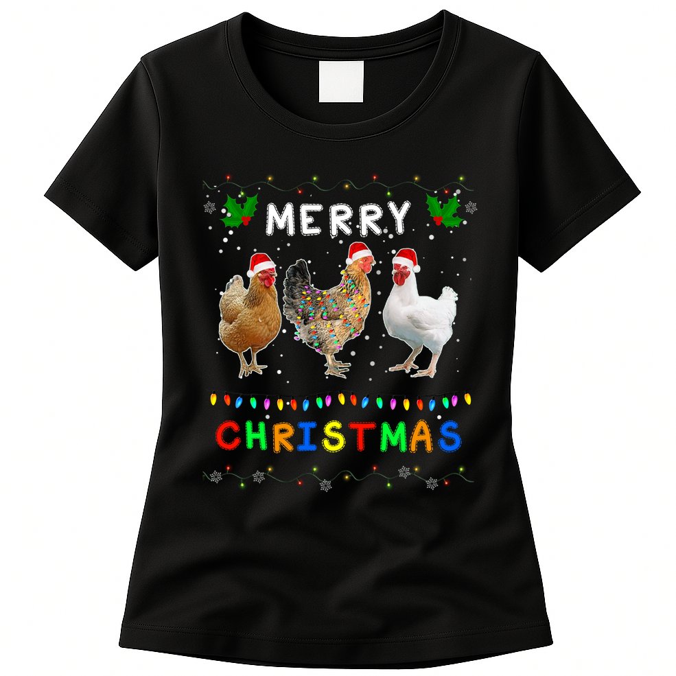 Merry Christmas Three Chickens Lights Funny Womens T-Shirt