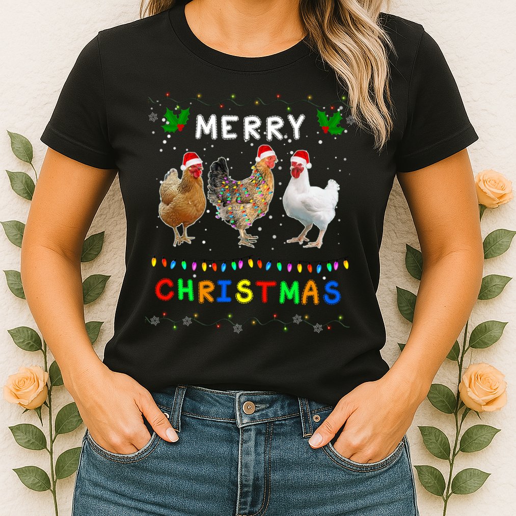Merry Christmas Three Chickens Lights Funny Womens T-Shirt