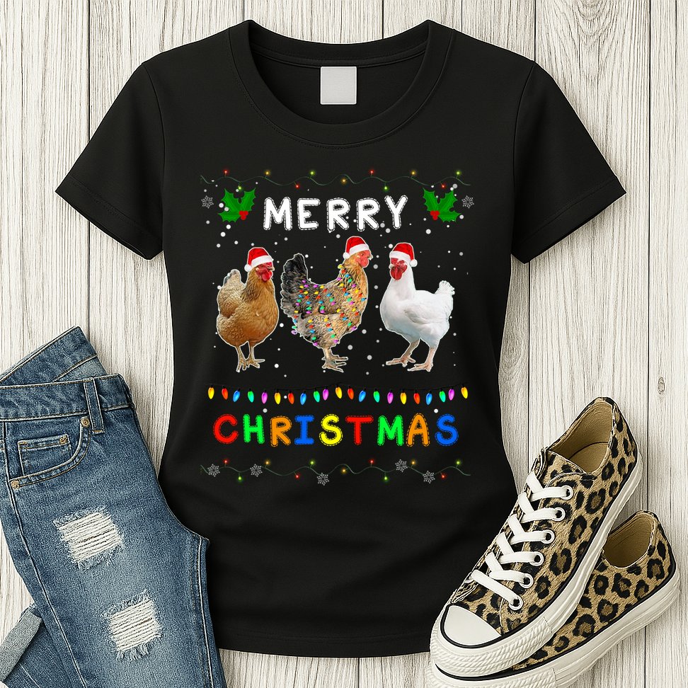 Merry Christmas Three Chickens Lights Funny Womens T-Shirt