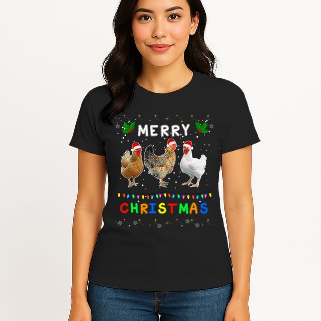 Merry Christmas Three Chickens Lights Funny Womens T-Shirt