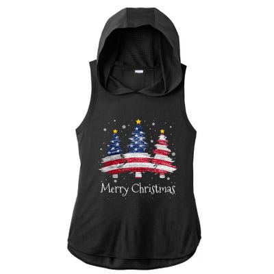 Merry Christmas Tree American Flag Family Christmas Pajama Ladies PosiCharge Tri-Blend Wicking Draft Hoodie Tank