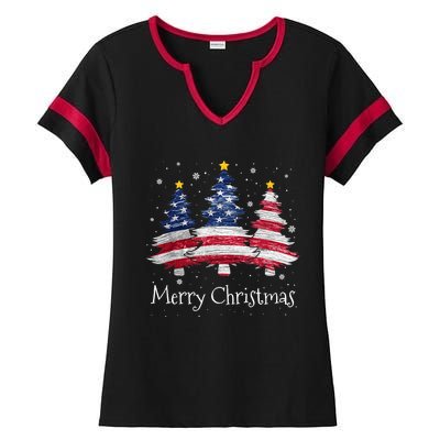 Merry Christmas Tree American Flag Family Christmas Pajama Ladies Halftime Notch Neck Tee