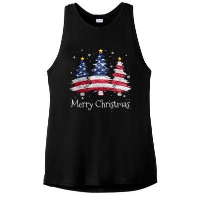 Merry Christmas Tree American Flag Family Christmas Pajama Ladies PosiCharge Tri-Blend Wicking Tank