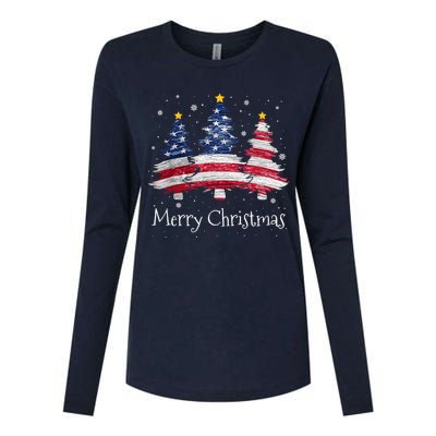 Merry Christmas Tree American Flag Family Christmas Pajama Womens Cotton Relaxed Long Sleeve T-Shirt