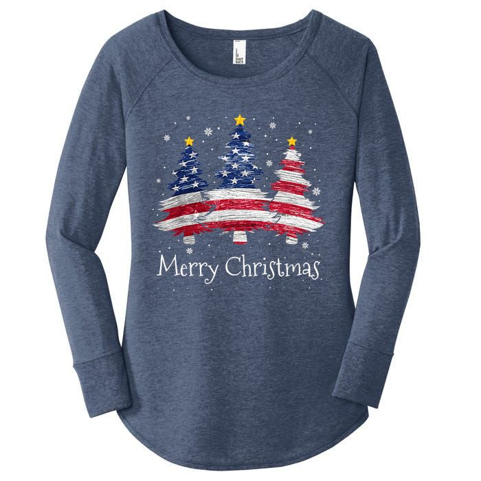 Merry Christmas Tree American Flag Family Christmas Pajama Women's Perfect Tri Tunic Long Sleeve Shirt