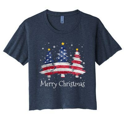 Merry Christmas Tree American Flag Family Christmas Pajama Women's Crop Top Tee