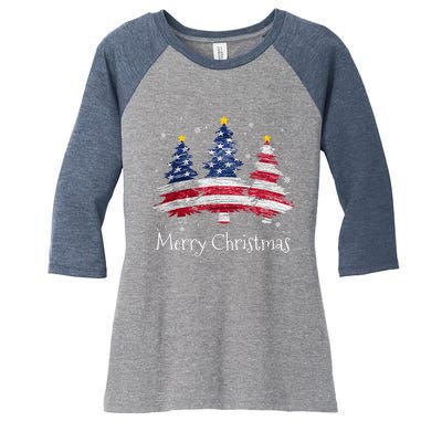 Merry Christmas Tree American Flag Family Christmas Pajama Women's Tri-Blend 3/4-Sleeve Raglan Shirt