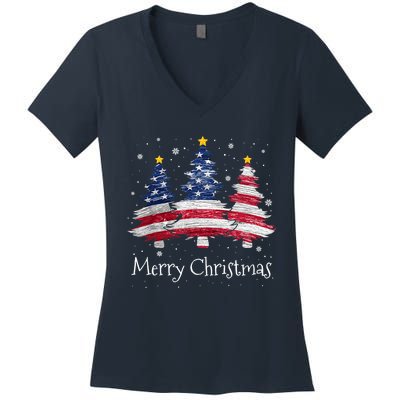 Merry Christmas Tree American Flag Family Christmas Pajama Women's V-Neck T-Shirt