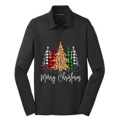 Merry Christmas Tree Xmas Buffalo Plaid Red White Green Silk Touch Performance Long Sleeve Polo