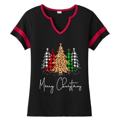 Merry Christmas Tree Xmas Buffalo Plaid Red White Green Ladies Halftime Notch Neck Tee