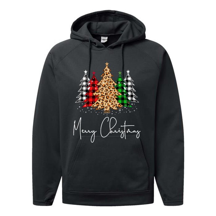 Merry Christmas Tree Xmas Buffalo Plaid Red White Green Performance Fleece Hoodie