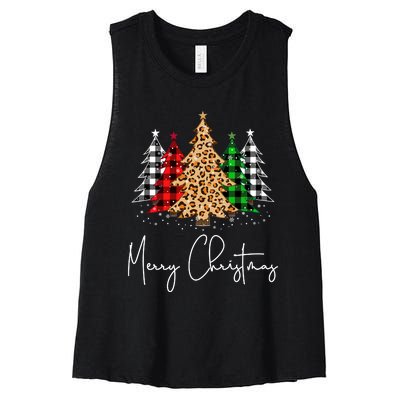 Merry Christmas Tree Xmas Buffalo Plaid Red White Green Women's Racerback Cropped Tank