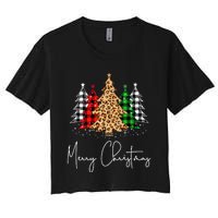 Merry Christmas Tree Xmas Buffalo Plaid Red White Green Women's Crop Top Tee