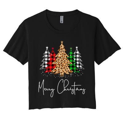 Merry Christmas Tree Xmas Buffalo Plaid Red White Green Women's Crop Top Tee