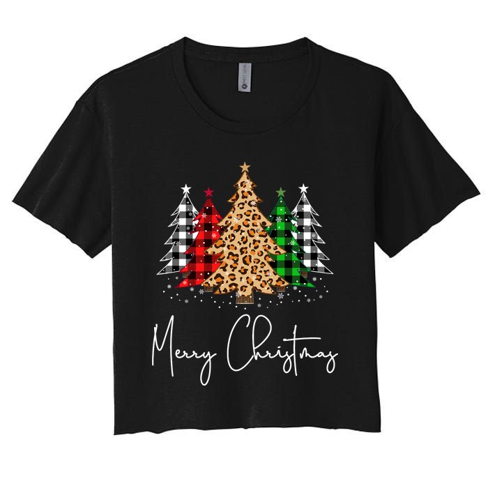 Merry Christmas Tree Xmas Buffalo Plaid Red White Green Women's Crop Top Tee