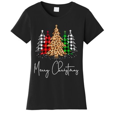 Merry Christmas Tree Xmas Buffalo Plaid Red White Green Women's T-Shirt