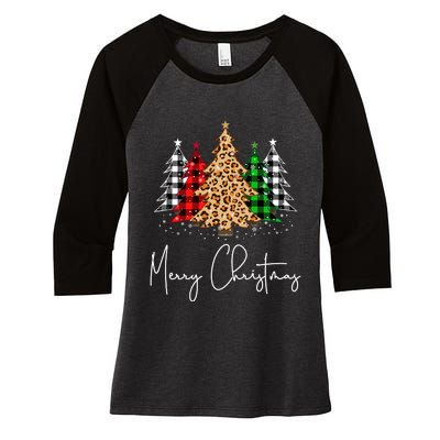 Merry Christmas Tree Xmas Buffalo Plaid Red White Green Women's Tri-Blend 3/4-Sleeve Raglan Shirt