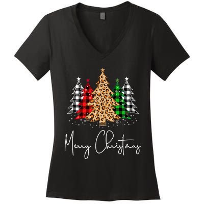 Merry Christmas Tree Xmas Buffalo Plaid Red White Green Women's V-Neck T-Shirt