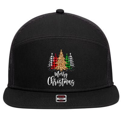 Merry Christmas Tree Xmas Buffalo Plaid Red White Green 7 Panel Mesh Trucker Snapback Hat