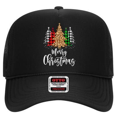 Merry Christmas Tree Xmas Buffalo Plaid Red White Green High Crown Mesh Back Trucker Hat