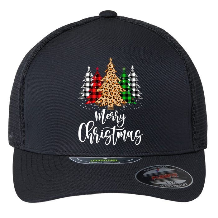 Merry Christmas Tree Xmas Buffalo Plaid Red White Green Flexfit Unipanel Trucker Cap