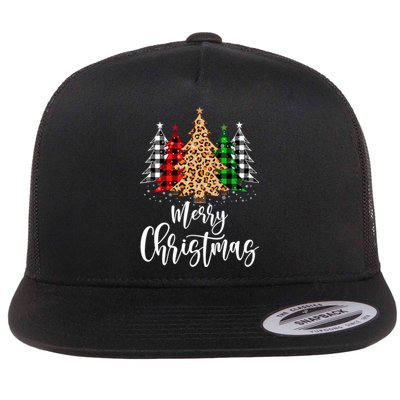 Merry Christmas Tree Xmas Buffalo Plaid Red White Green Flat Bill Trucker Hat