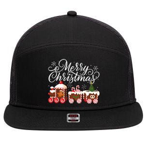 Merry Christmas Train Santa Claus Gingerbread House Pajamas 7 Panel Mesh Trucker Snapback Hat