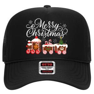 Merry Christmas Train Santa Claus Gingerbread House Pajamas High Crown Mesh Back Trucker Hat