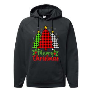 Merry Christmas Tree Buffalo Plaid Red White Green Cute Xmas Performance Fleece Hoodie