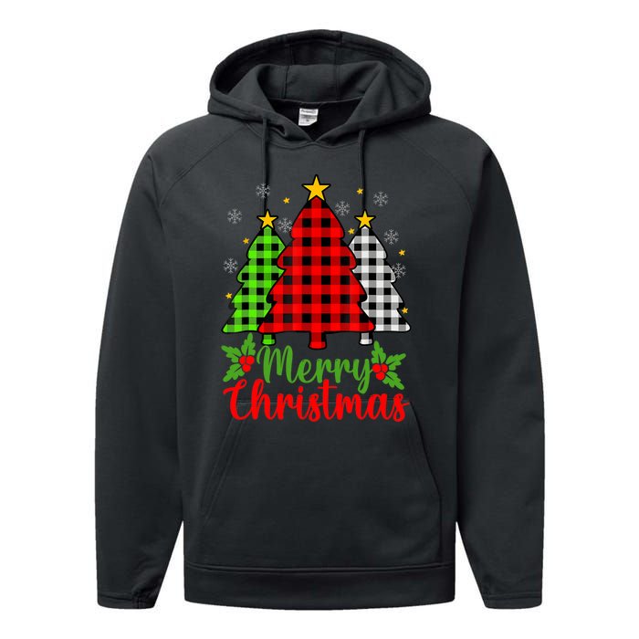 Merry Christmas Tree Buffalo Plaid Red White Green Cute Xmas Performance Fleece Hoodie