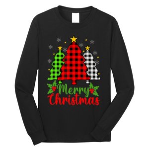 Merry Christmas Tree Buffalo Plaid Red White Green Cute Xmas Long Sleeve Shirt