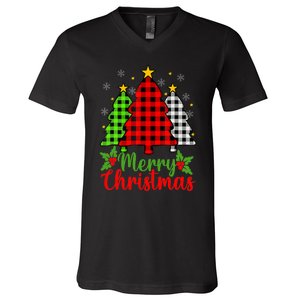 Merry Christmas Tree Buffalo Plaid Red White Green Cute Xmas V-Neck T-Shirt