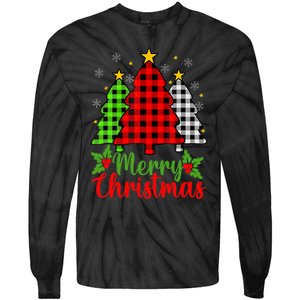 Merry Christmas Tree Buffalo Plaid Red White Green Cute Xmas Tie-Dye Long Sleeve Shirt