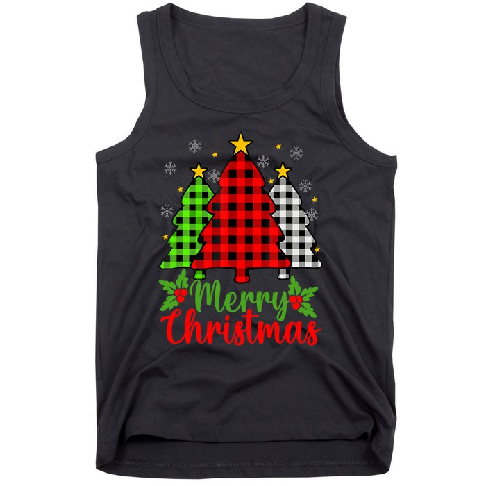 Merry Christmas Tree Buffalo Plaid Red White Green Cute Xmas Tank Top