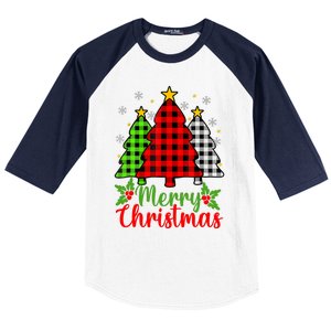 Merry Christmas Tree Buffalo Plaid Red White Green Cute Xmas Baseball Sleeve Shirt