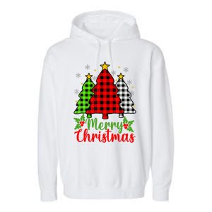 Merry Christmas Tree Buffalo Plaid Red White Green Cute Xmas Garment-Dyed Fleece Hoodie