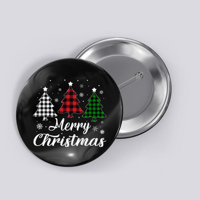 Merry Christmas Tree Xmas Buffalo Plaid Red White Green  Button