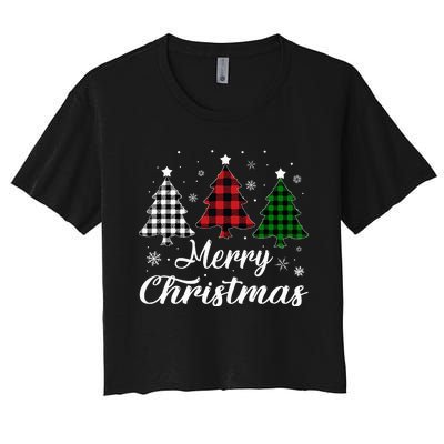 Merry Christmas Tree Xmas Buffalo Plaid Red White Green  Women's Crop Top Tee