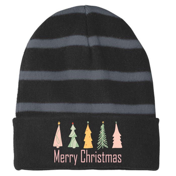 Merry Christmas Trees Cute Holiday Striped Beanie with Solid Band