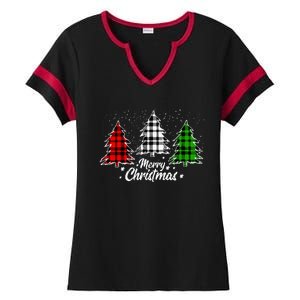 Merry Christmas Tree Xmas Buffalo Plaid Red White Green Ladies Halftime Notch Neck Tee