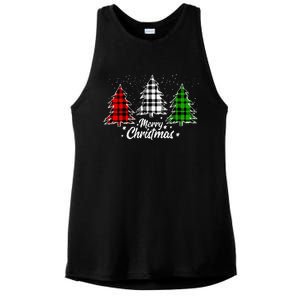 Merry Christmas Tree Xmas Buffalo Plaid Red White Green Ladies PosiCharge Tri-Blend Wicking Tank