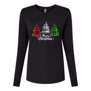 Merry Christmas Tree Xmas Buffalo Plaid Red White Green Womens Cotton Relaxed Long Sleeve T-Shirt