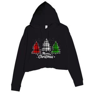 Merry Christmas Tree Xmas Buffalo Plaid Red White Green Crop Fleece Hoodie