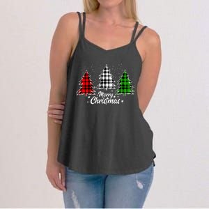 Merry Christmas Tree Xmas Buffalo Plaid Red White Green Women's Strappy Tank