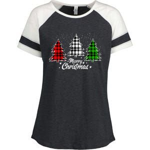 Merry Christmas Tree Xmas Buffalo Plaid Red White Green Enza Ladies Jersey Colorblock Tee