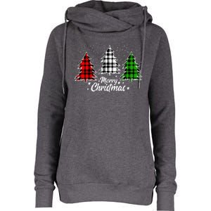 Merry Christmas Tree Xmas Buffalo Plaid Red White Green Womens Funnel Neck Pullover Hood