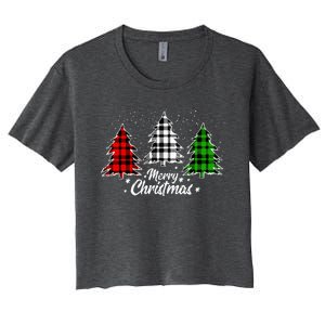 Merry Christmas Tree Xmas Buffalo Plaid Red White Green Women's Crop Top Tee