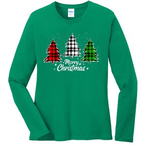 Merry Christmas Tree Xmas Buffalo Plaid Red White Green Ladies Long Sleeve Shirt