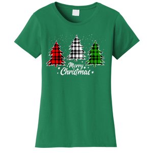 Merry Christmas Tree Xmas Buffalo Plaid Red White Green Women's T-Shirt