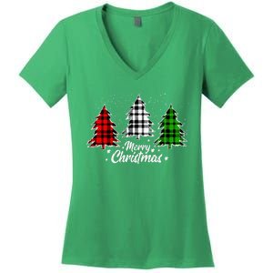 Merry Christmas Tree Xmas Buffalo Plaid Red White Green Women's V-Neck T-Shirt